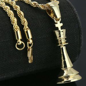 14k Gold Chess 24" Rope Chain + Pendant